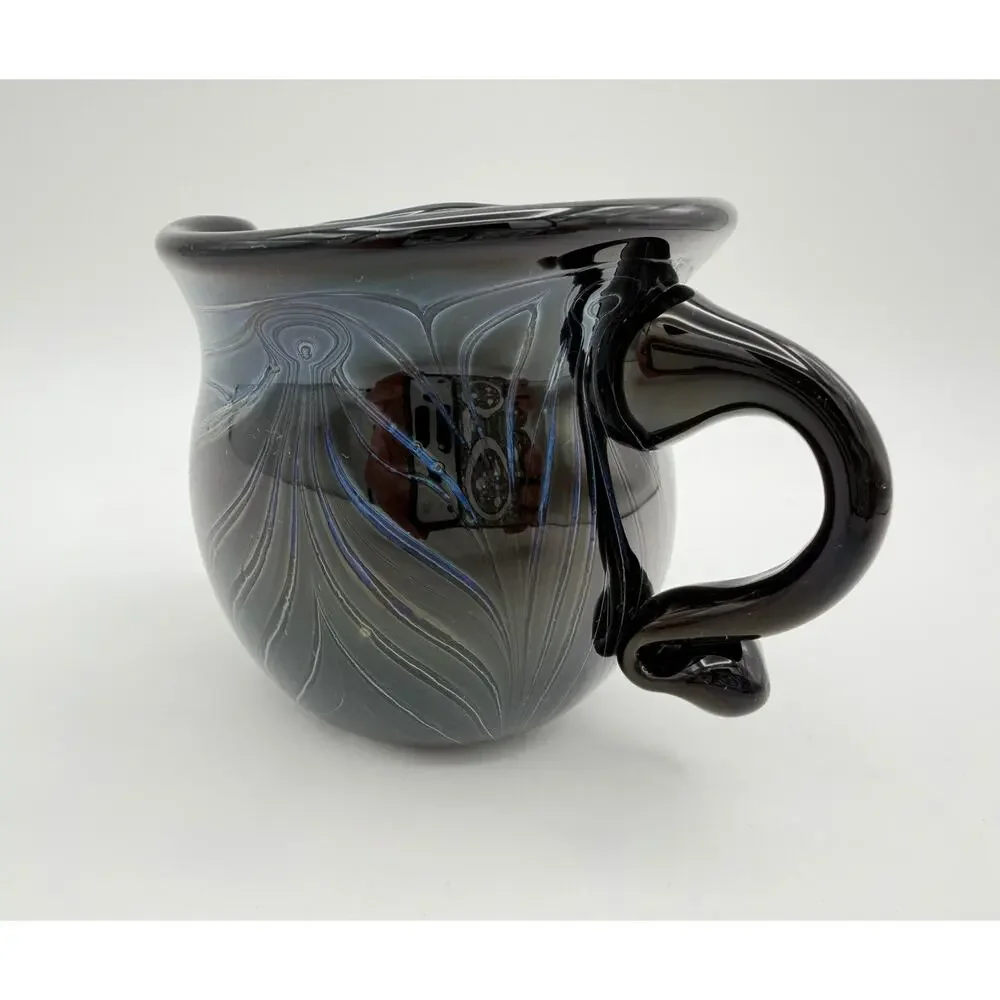Hand Blown Black Glass Creamer Pitcher 3” Pulled Feather Design Signed Dated ‘72